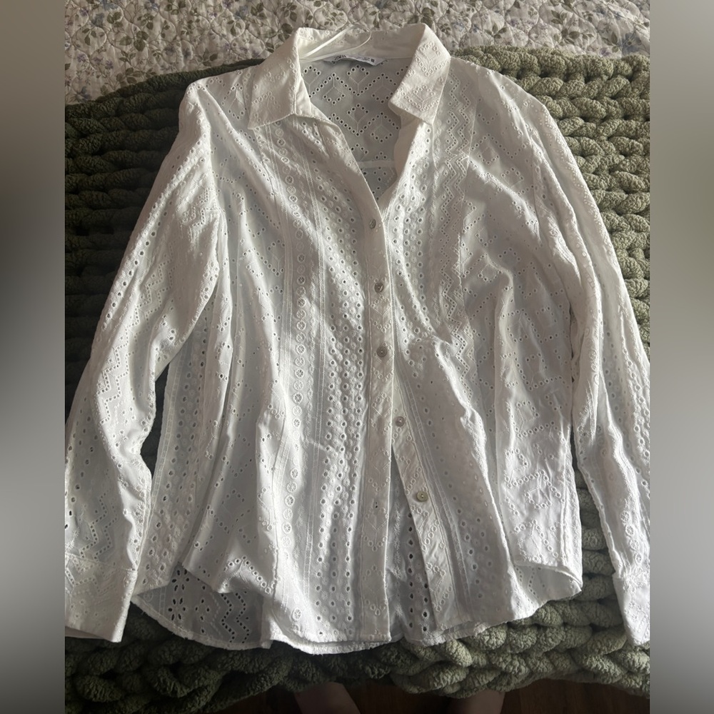 White open embroidered button up from Zara - large